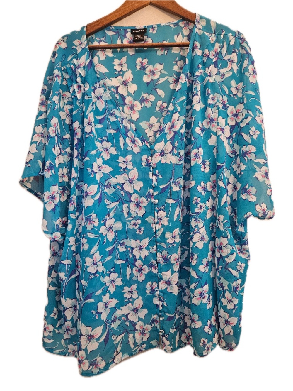 Torrid Button-Up Womens‎ 3 Blue Floral Kimono Short Sleeve Chiffon Sheer